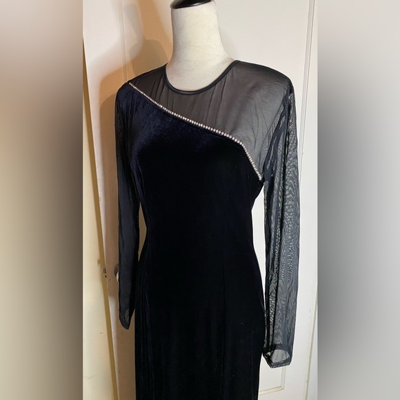 Vintage 90’s Velvet Maxi Dress Mesh Long Sleeves with Side Slit barbiecore noir - Picture 7 of 8
